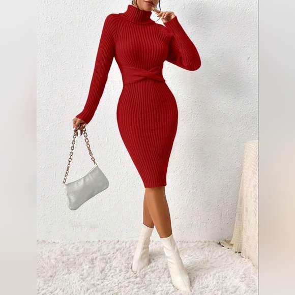 NEW Luxe Ribbed Knit Turtleneck Sweater Dress Bodycon Twist Waist Red - Picture 1 of 8